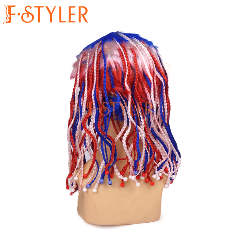 Blue White and Red Patriotic Braids with Beads Costume Wig